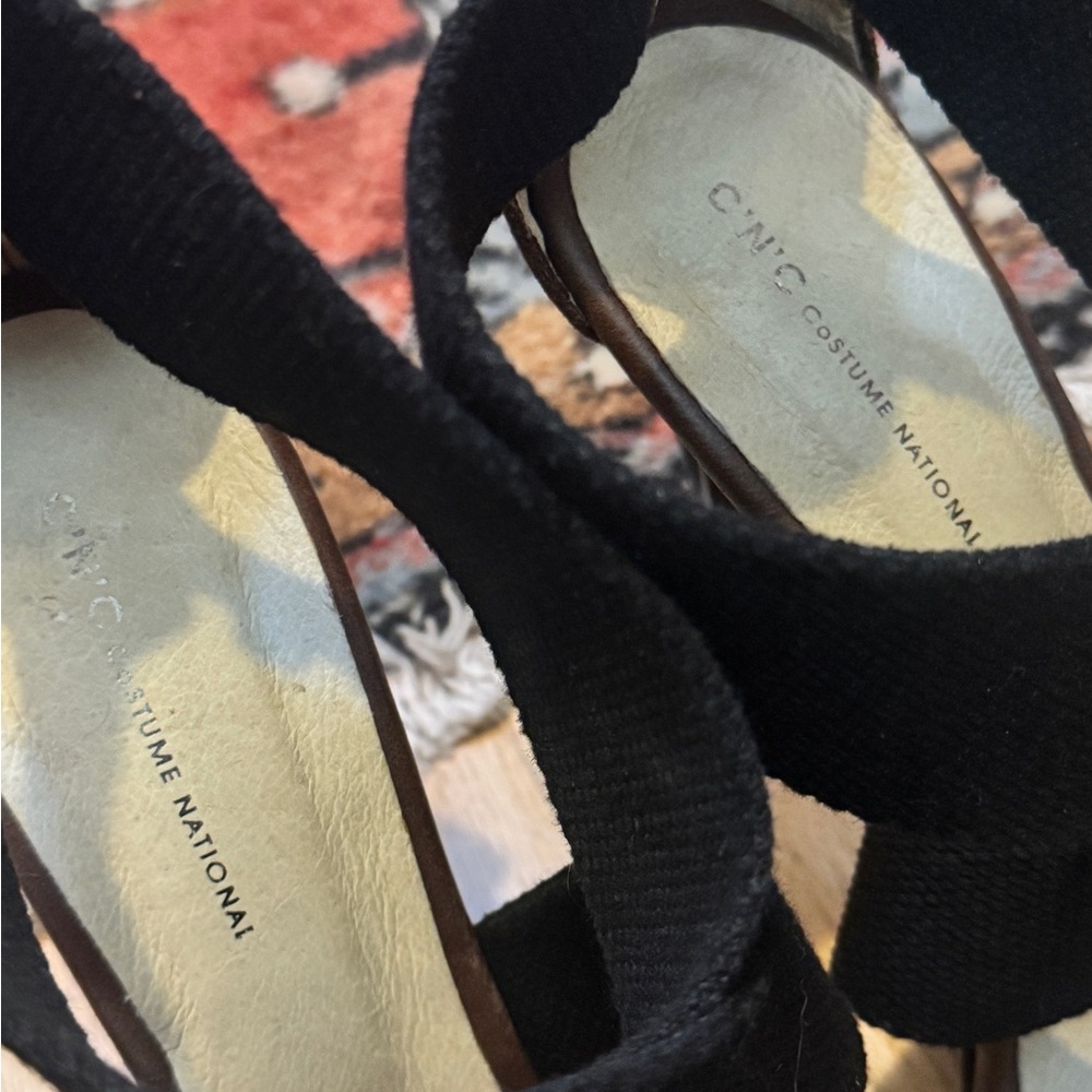 C'N'C CoSTUME NATIONAL Brown Leather & Black Canvas Wrap Heels - Made in Italy - Picture 8 of 10